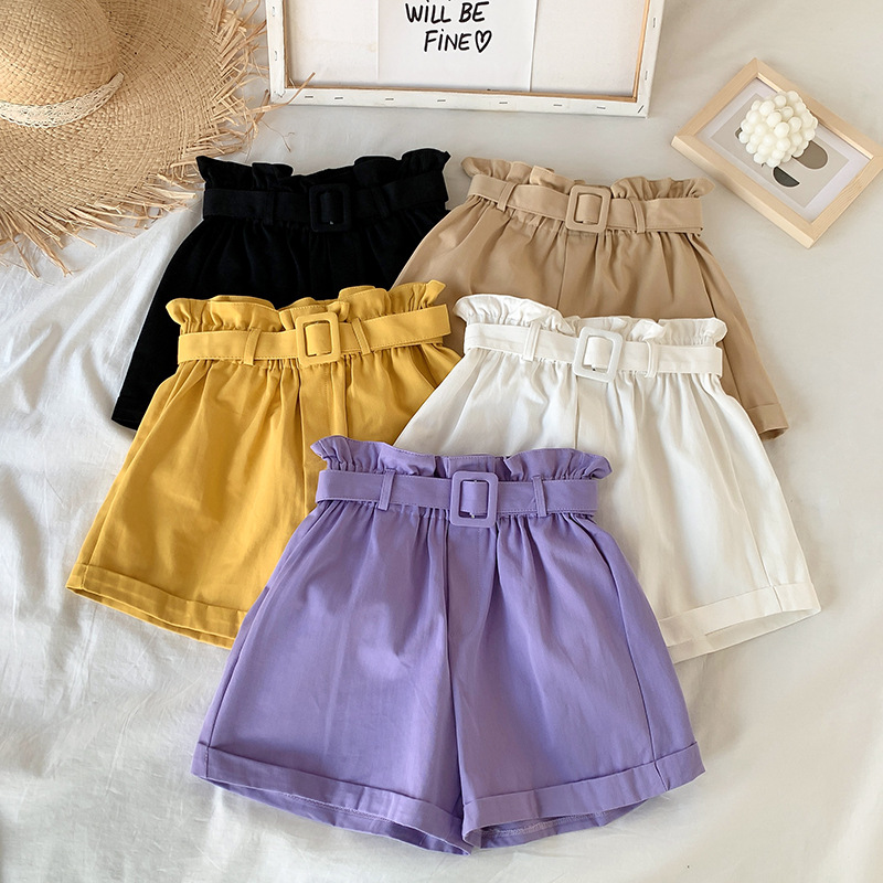 Summer Casual Curly Edge Flower Bud Wide Leg Pants High Waist Slim Casual Shorts With Belt