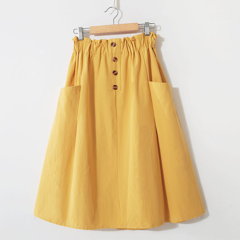 Spring/summer Preppy Solid Color High-waisted Double Pocket Button Artsy A-line Skirt For Women