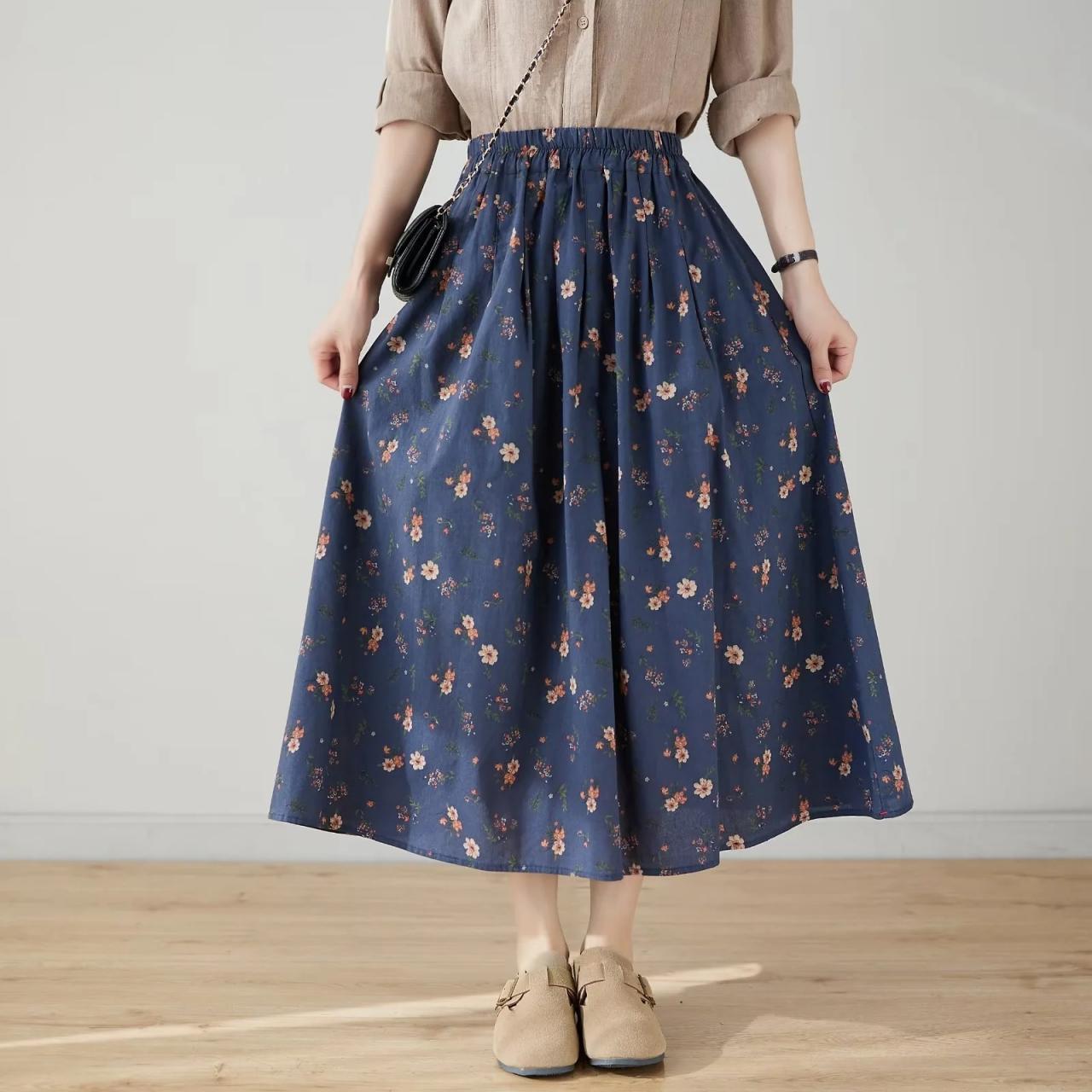 Women's Elastic Waist Cotton Linen Full Skirt Long A-line Skirt Floral Skirt