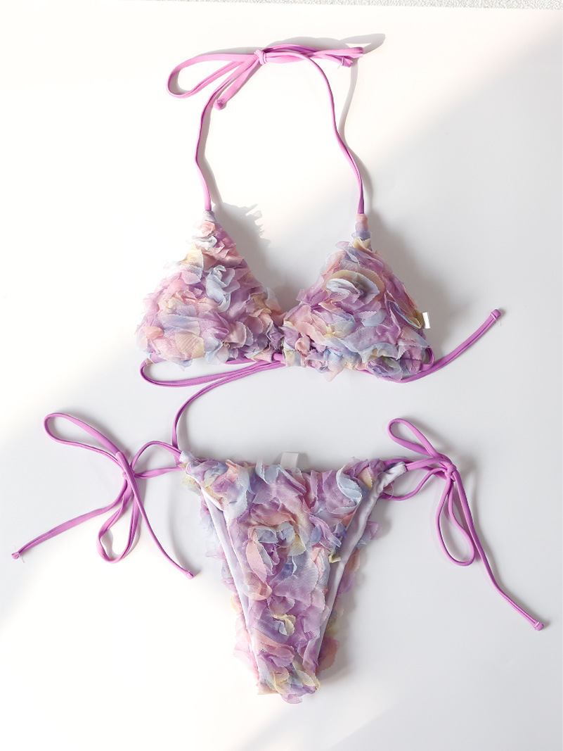 3d Flower Full Floral Two Pieces Bikinis Purple Flower Swimwear Bathsuit