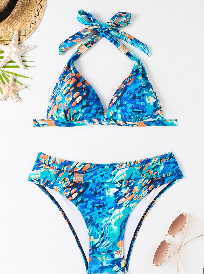 Ocean Blue Split Swimsuit Women's Printed Hanging Neck Strap Open Back Sexy Bikini