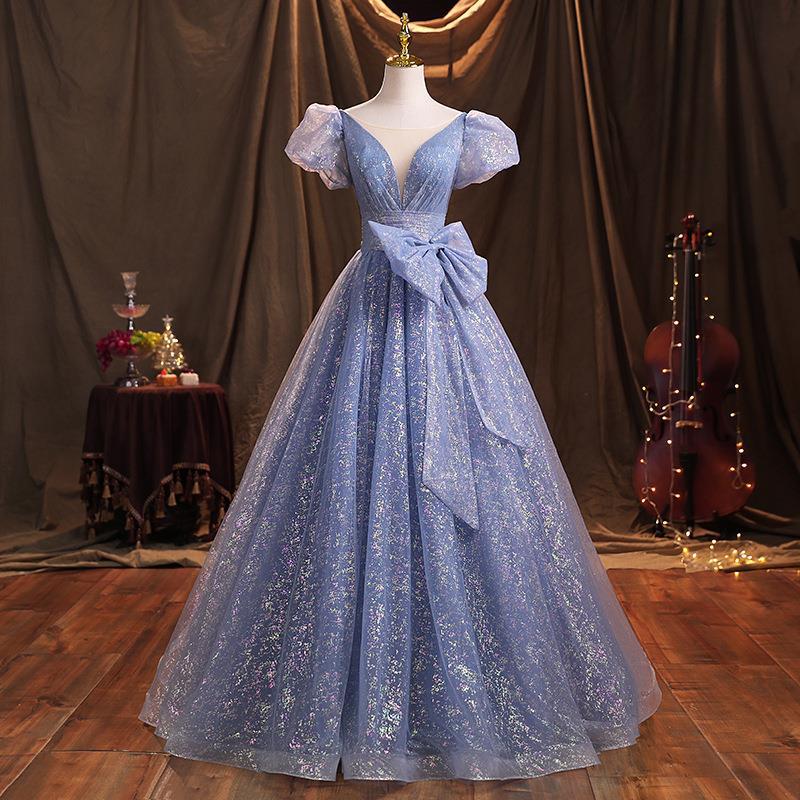 Blue Evening Dress For Women 2024 Style Celebrity Banquet Performance Host Art Exam Vocal Dress Slimming