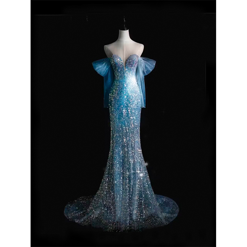 Light Blue Fish Tail Light Luxury Evening Dress 2024 Host Temperament Strapless Toast Dress Sequin Dress