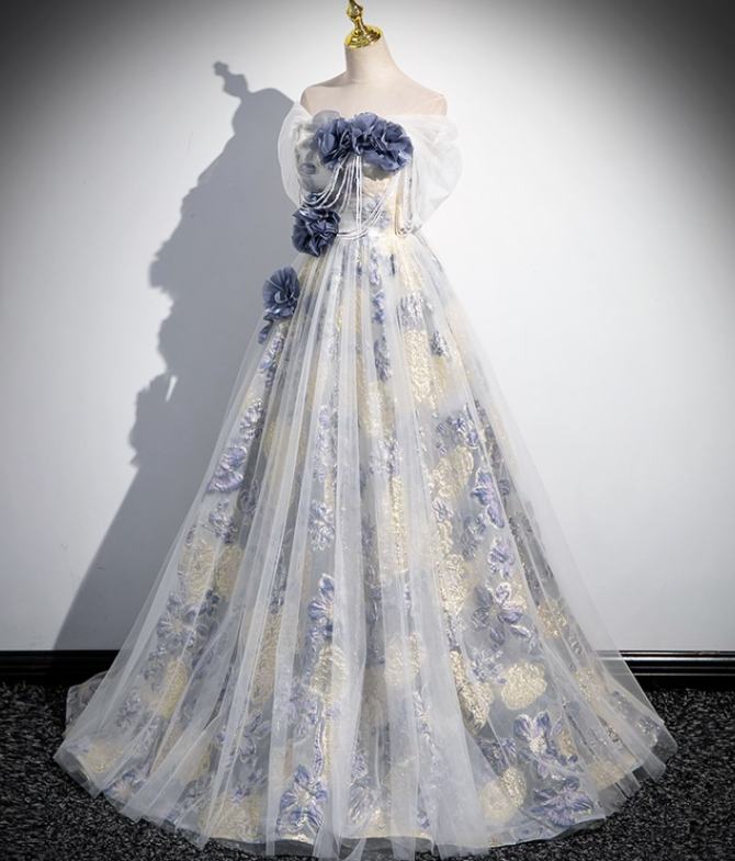 Homecoming Dress Blue Bow Floral Strapless Wedding Dress Bride's Annual Meeting Dress