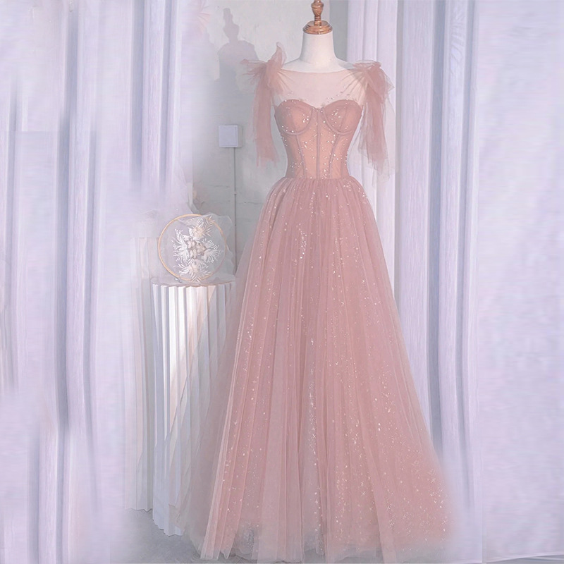 Pink Net Evening Dress For Women Pink Bow Dress 2024 Birthday Banquet Elegant Host Dress Immortal Evening Dress Homecoming Dress