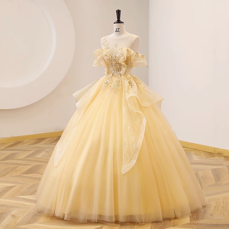 Colorful Yarn Yellow Evening Dress Student Vocal Art Exam Performance Dress Beauty Singing Solo Pengpeng Skirt Hosting Annual Meeting