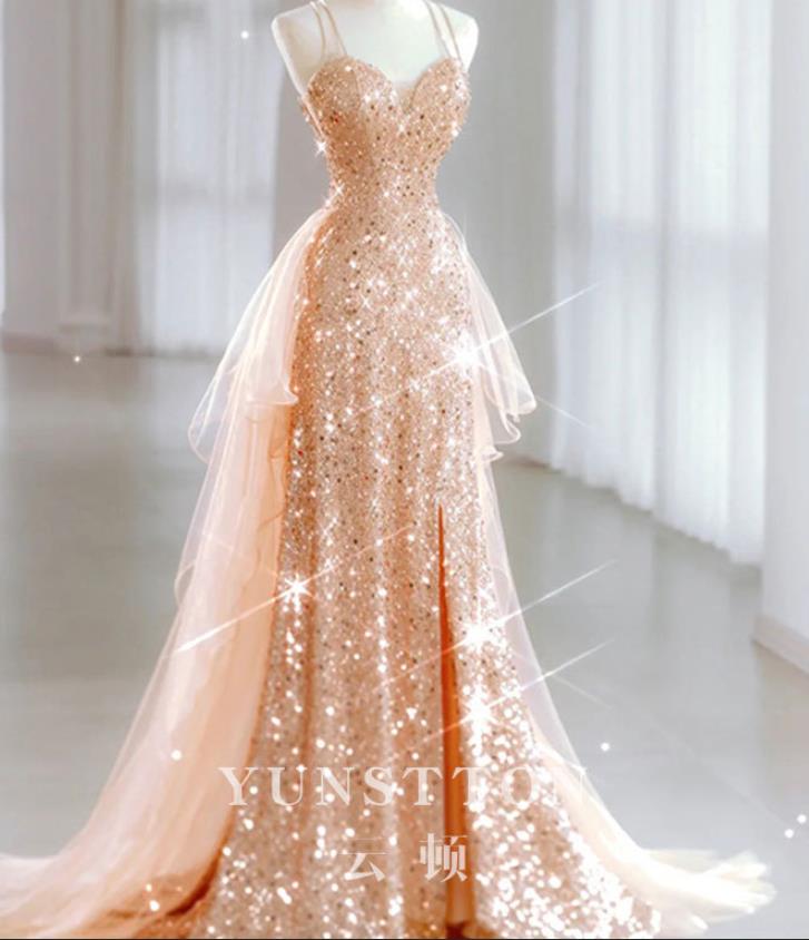 Champagne Colored Evening Dress Light Luxury Niche Temperament Suspender Host Sequin Small Tail Banquet Dress