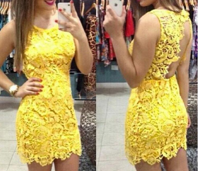 Lace Sexy Backless Yellow Mini Dress