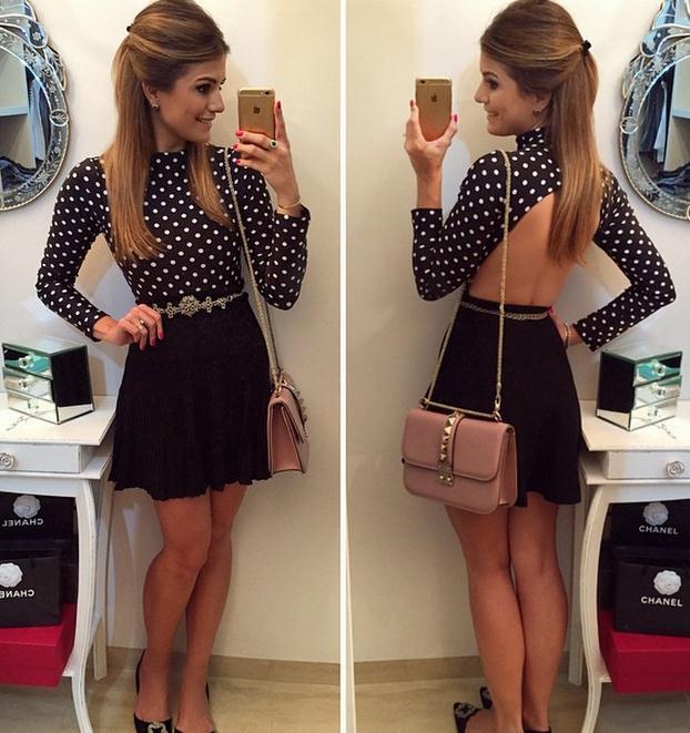 Black Casual Two-piece Open Back Polka Dot Casual Dress