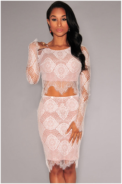 Round Neck Long Sleeve Lace Lace Two-piece Mao Jacket + Skirt