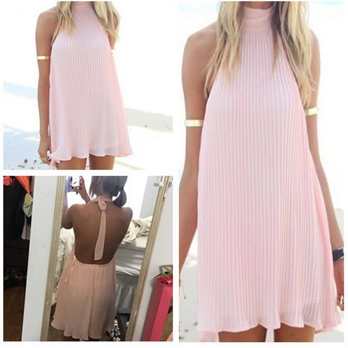 Light Pink Chiffon Tie High Halter Neck Short A-line Shift Dress