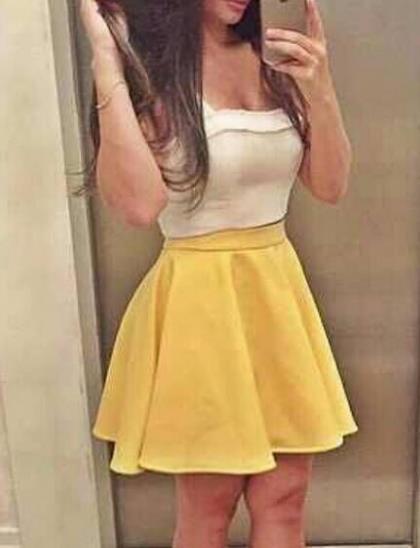 Sleeveless Mini Dress Yellow White Dress