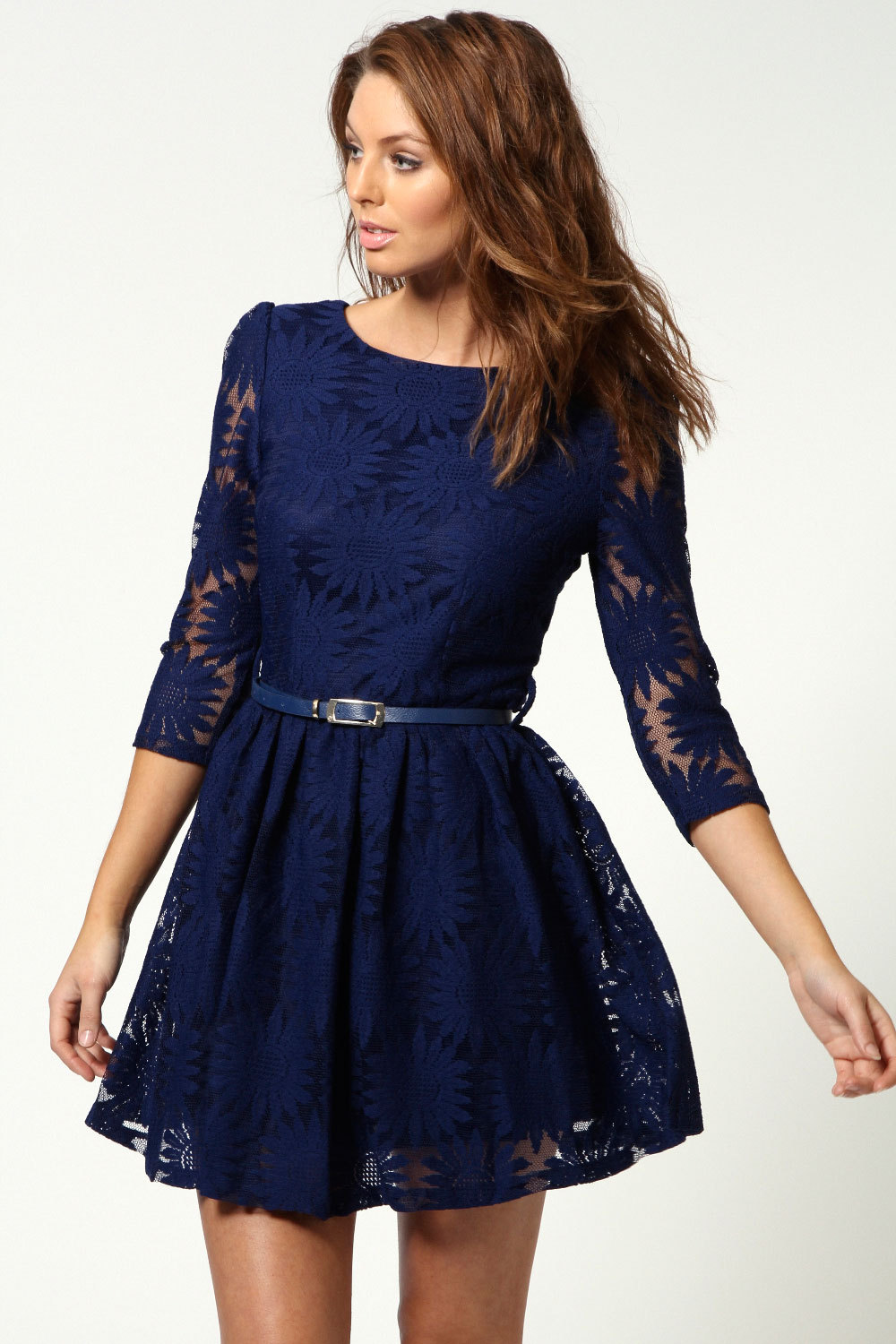 Long Sleeve Embroidery Lace Dress Three-dimensional Cultivate One's Morality Dress With Belt