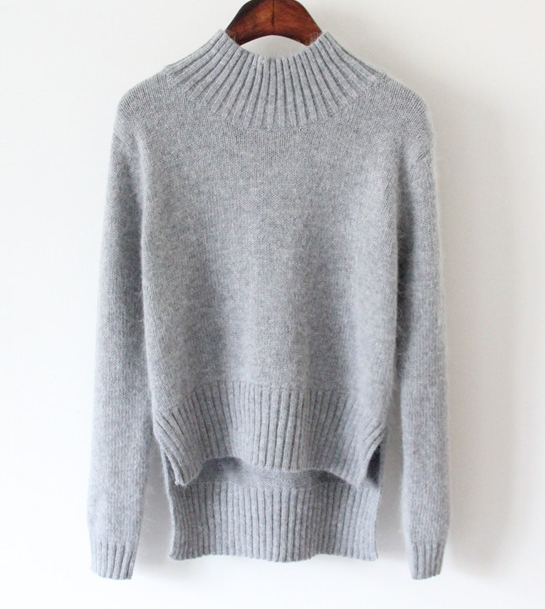 Knitted Mock Neck Sweater Featuring High Low Hem And Slits