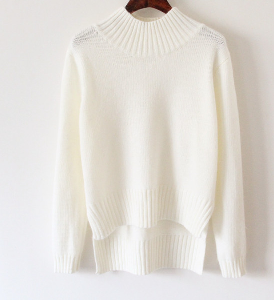 Knitted Mock Neck Sweater Featuring High Low Hem And Slits on Luulla