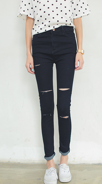 Black waist jeans female knee holes denim trousers pencil pants feet