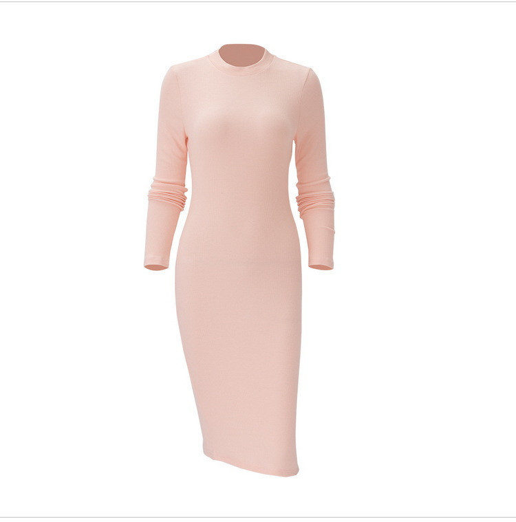 Pure Color Round Collar Sexy Dress Package Hip Long Sleeve Skirt