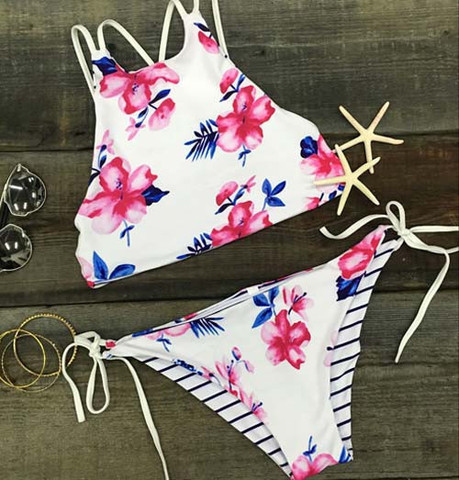 Pink Floral Both The Front Can Wear Stripe Two Piece Bikini