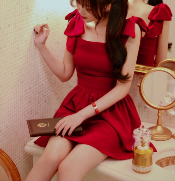 Cute Bow Pure Color Dress