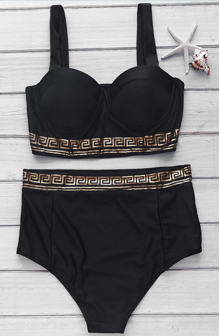 Cute Black Golden High Waist Two Piece Bikinis Swimwear Bathsuit