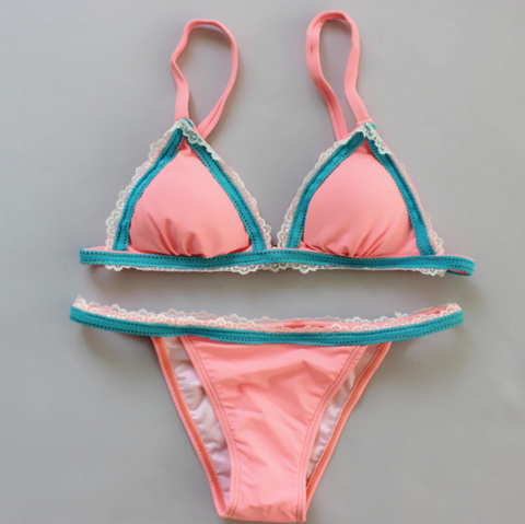 Pure Color Lace Contrast Simple Two Piece Bikinis Swimwear Bathsuit