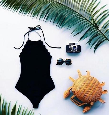 One-piece Halter Neck Tie Swimsuit With Scalloped Details
