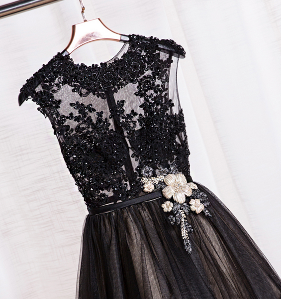 A Black Shoulder Long Dress Lace Beads Tutu Dress Party Dress Homecoming Dress
