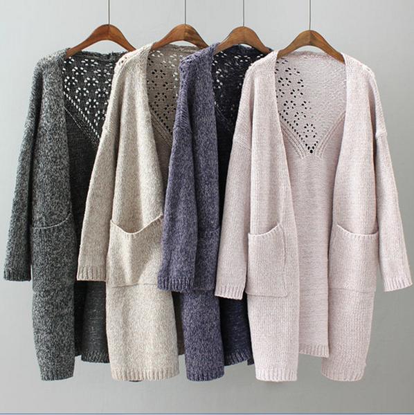 Solid Color Two - Pocketed Hollow Knit Cardigan Jacket Female