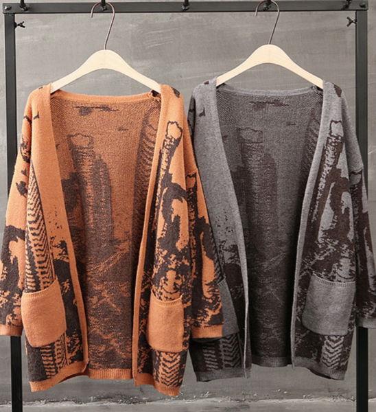 Long Sleeve V-Neck Knit Cardigan Loose Casual Printed Sweater Jacket
