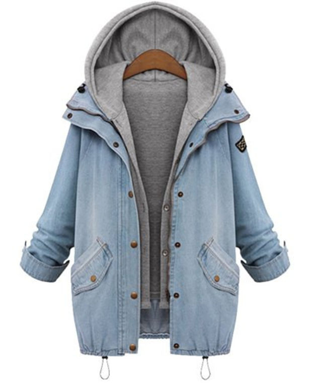 Faux Twinset Hooded Zip-up Denim Jacket