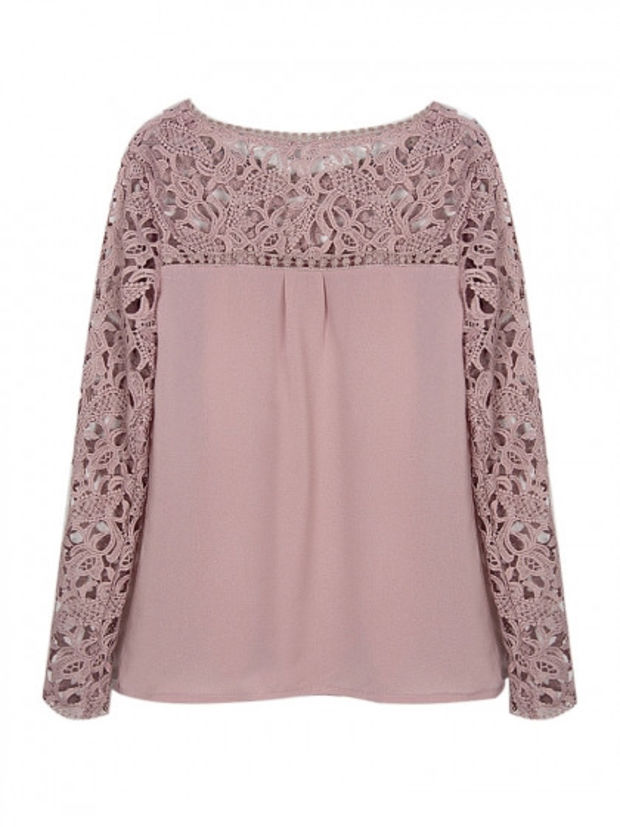 Rosey Brown Crochet Lace Panel Long Sleeve Blouse on Luulla