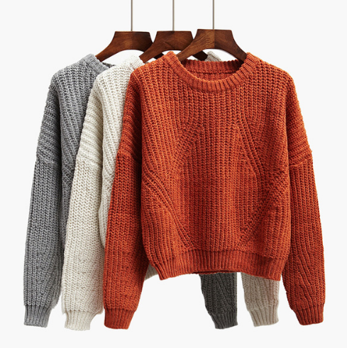 Thick Knitted Crew Neck Long Cuffed Sleeves Sweater