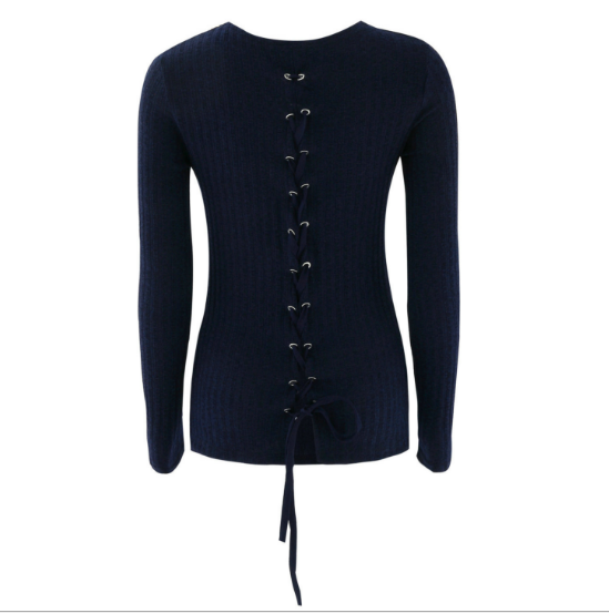 Blue Ribbed Knit Crew Neck Sweater Featuring Lace-Up Back 