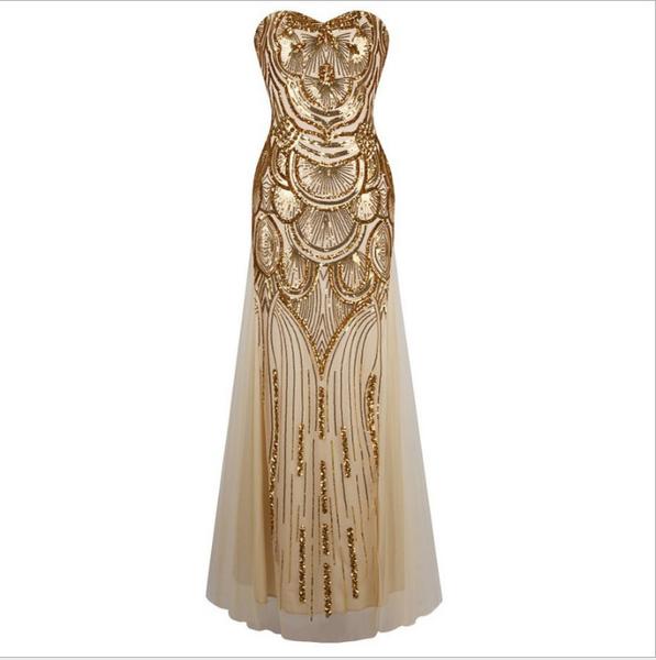 Long Golden Dress Sequins Bind Strapless Evening Dress With Elegant Cultivate One's Morality