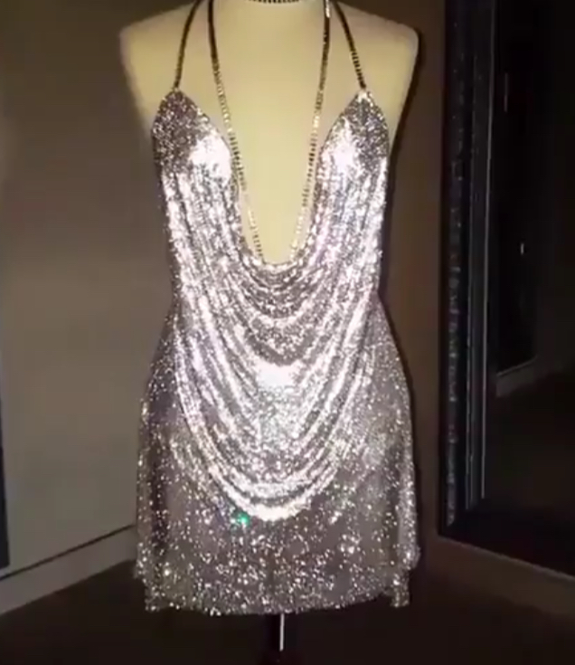 Chain Hanging Neck Glitter Sexy Backless Dress Silver on Luulla