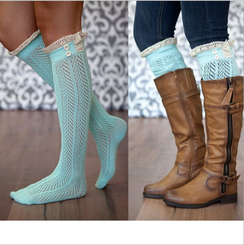 Light Blue Crochet Lace Knee Length Boots Socks Warmers