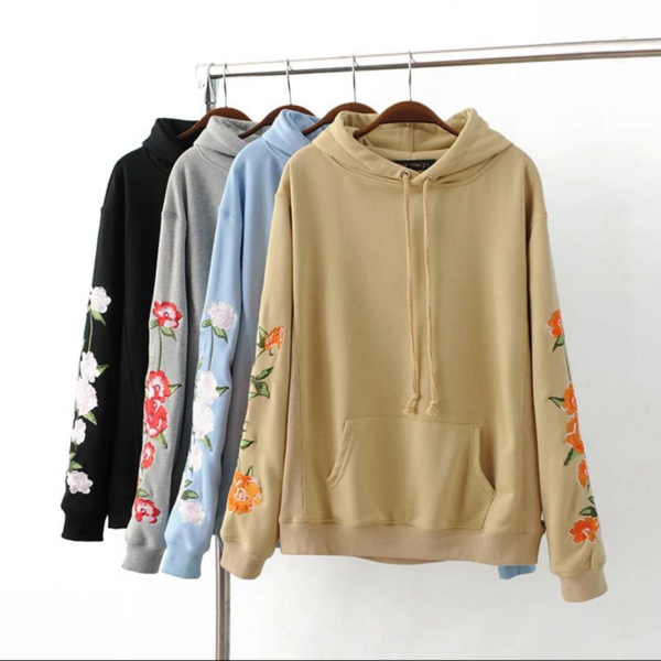 Floral Embroidered Sleeves Hooded Sweater