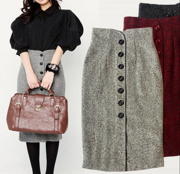 Autumn And Winter Tweed Half-length Skirt A Row Of High-waist Package Hip Skirt Elegant Retro Step Pencil Skirt