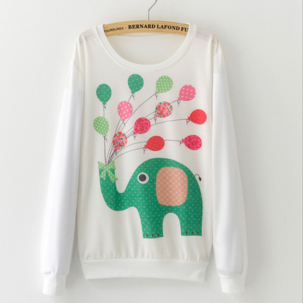Animal Printing Long-sleeved Sweater Women Green Elephant