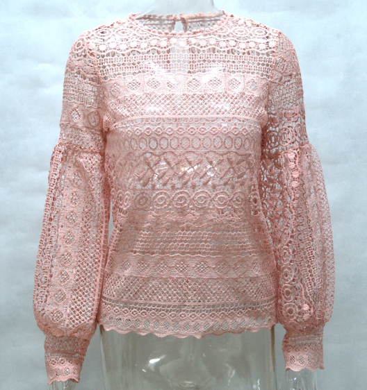 Crochet Lace Long Puff-sleeved Blouse Featuring Crew Neckline