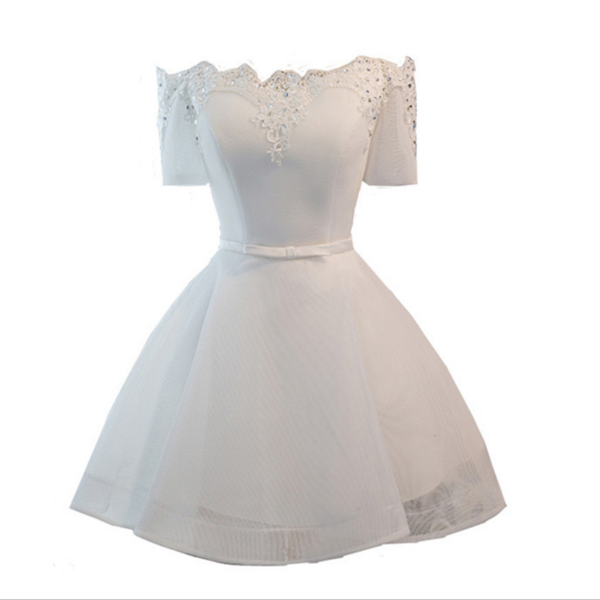 Sweet Shoulder Satin Bride Toast Service Bridesmaid Dress Short Paragraph Small Dress Slim Evening Dress White