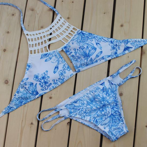 Fashion Sexy Chest Holes High Neck Hollow Light Blue Print Two Piece ...
