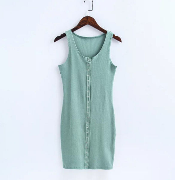 Sexy Show Body Knit Cotton Front Button Vest Type Sexy Dress Green