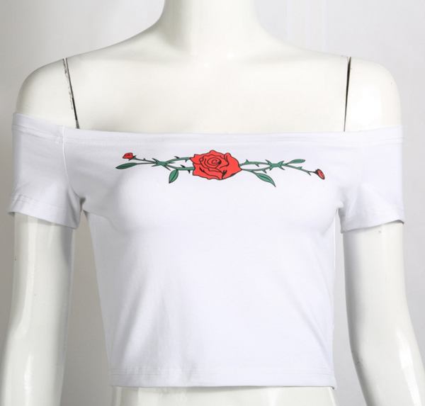 Fashion Sexy Off Shoulder Belly Hollow Print Flower Short T-shirt