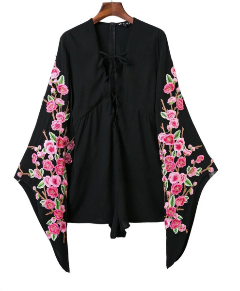 Flare Long Sleeve Floral Embroidered One-piece Romper With Criss- Cross Lace-up - Black