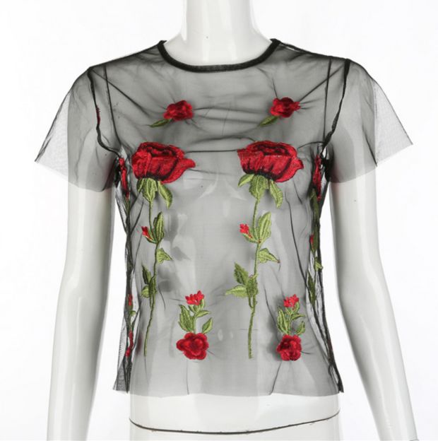 Floral Embroidered Mesh Top