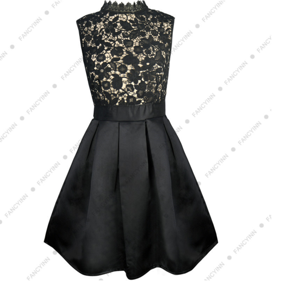Fashion Sexy High Neck Lace Hollow Splicing Sleeve Backless Dress