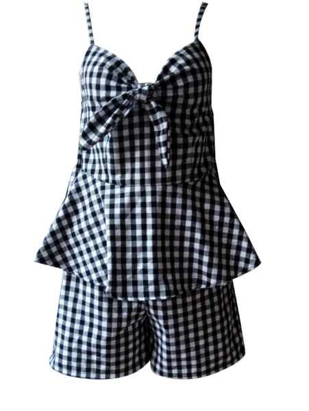 Two-piece Spaghetti Strap Gingham Falbala Dress Adorned With Bowknot