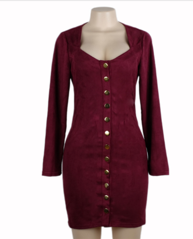 Sexy Low-cut Tight Button Suede Long-sleeved Women's Dress