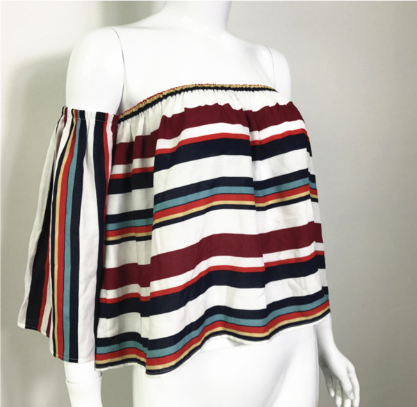 Colourful Striped Off-the-shoulder Blouse Featuring Long Flare-sleeved